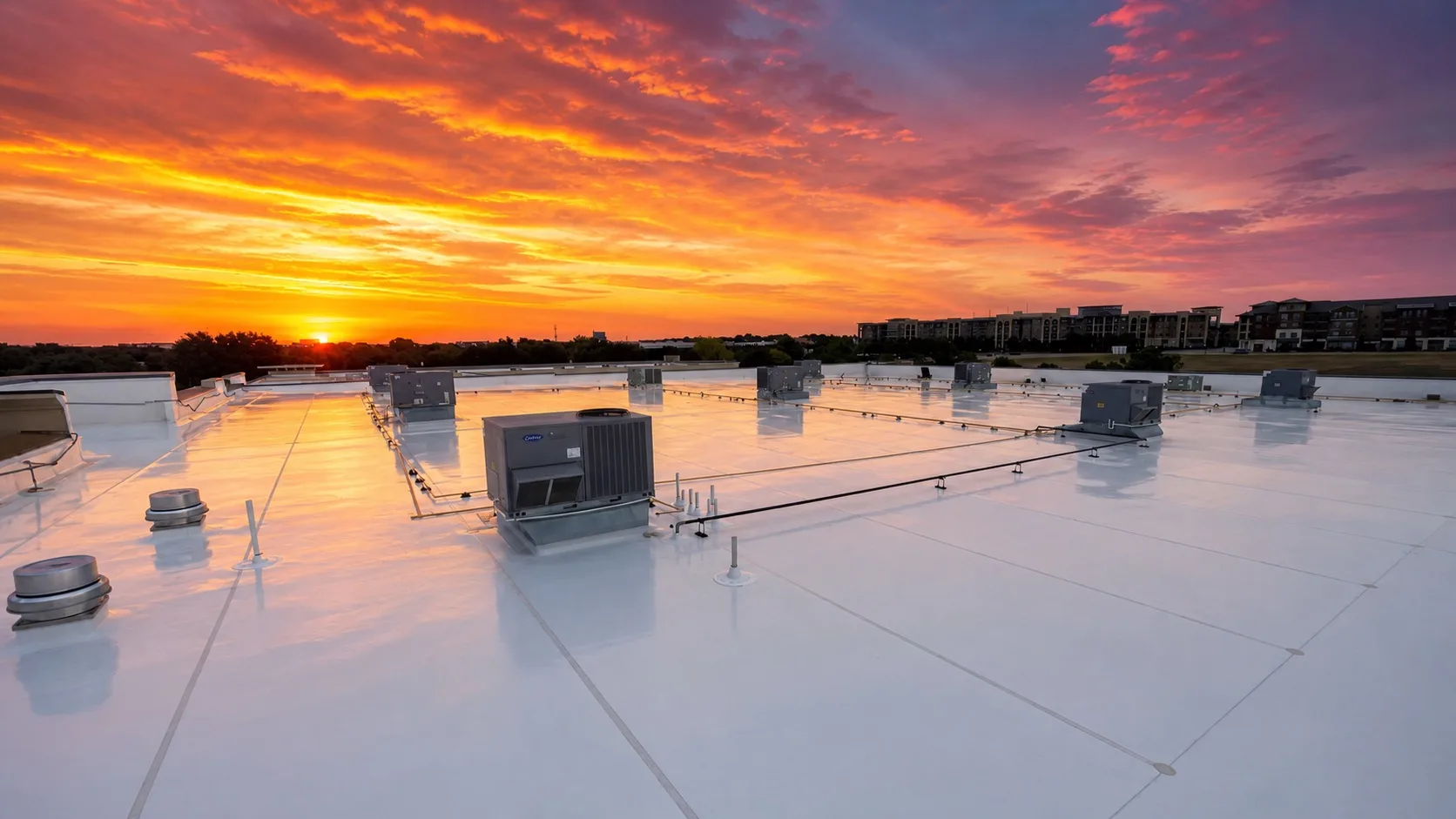 Finished white commercial membrane roof with detailed rooftop equipment