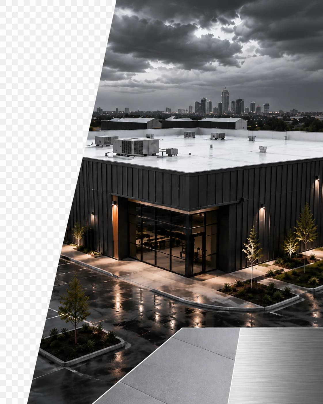Storm clouds above a commercial flat roof and city skyline