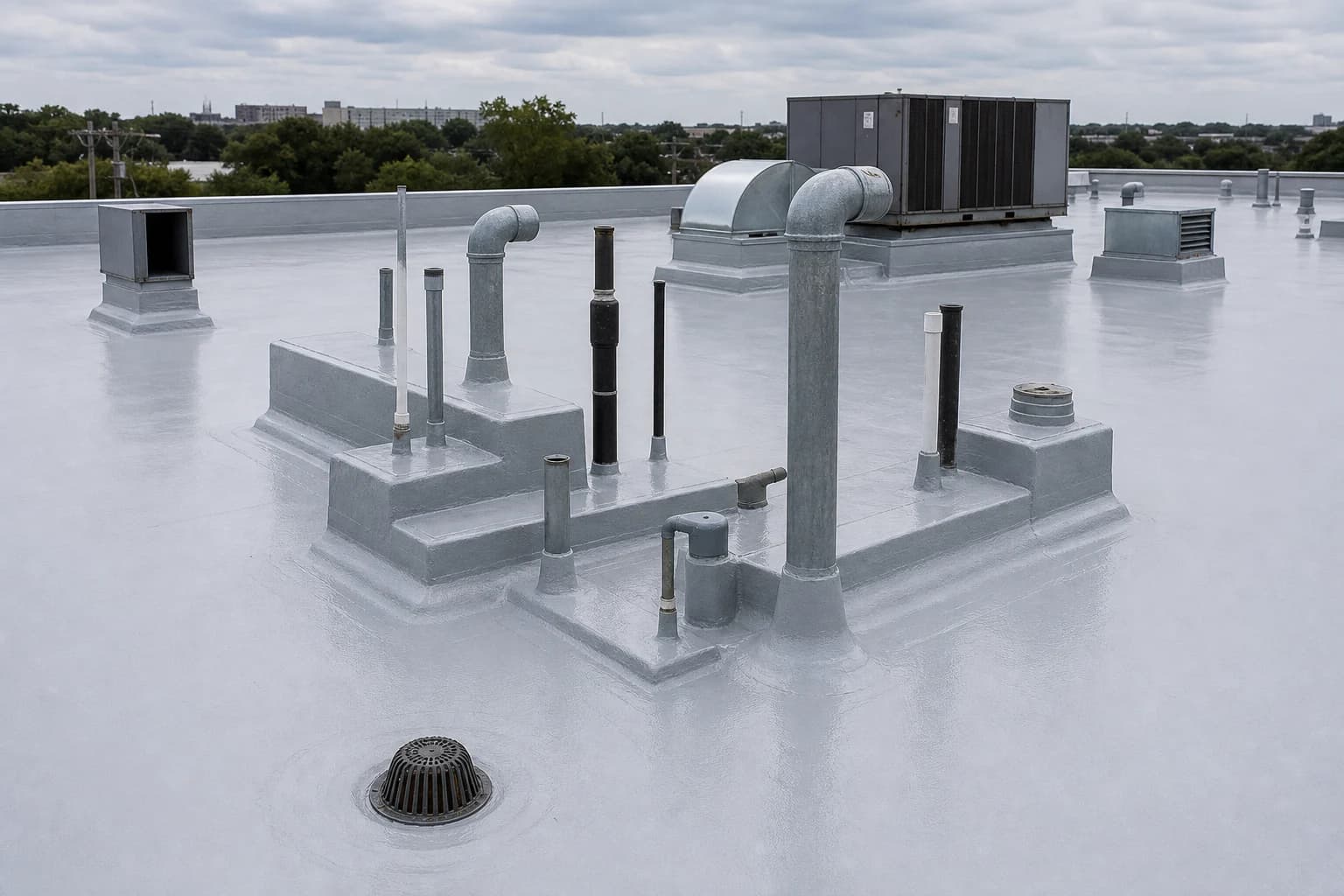 Illustrative liquid-applied membrane sealed around complex roof penetrations