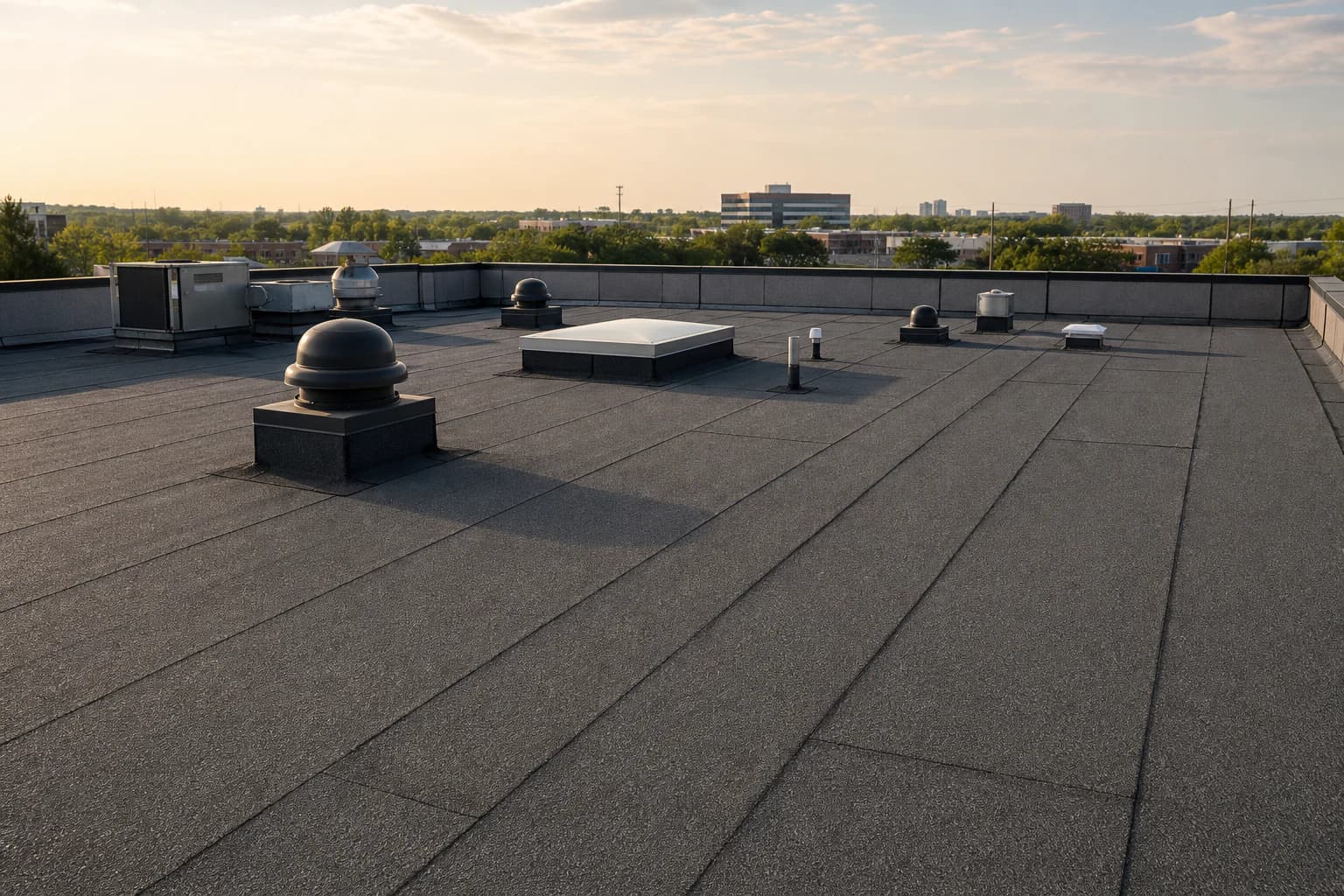 Illustrative modified bitumen roof with granulated rolled membrane courses