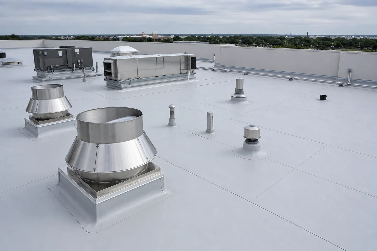 Illustrative PVC membrane roof detailed around commercial exhaust equipment