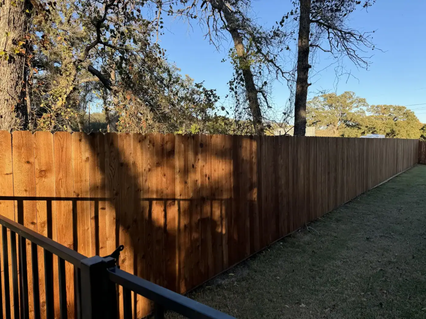 Long finished wood fence defining a backyard