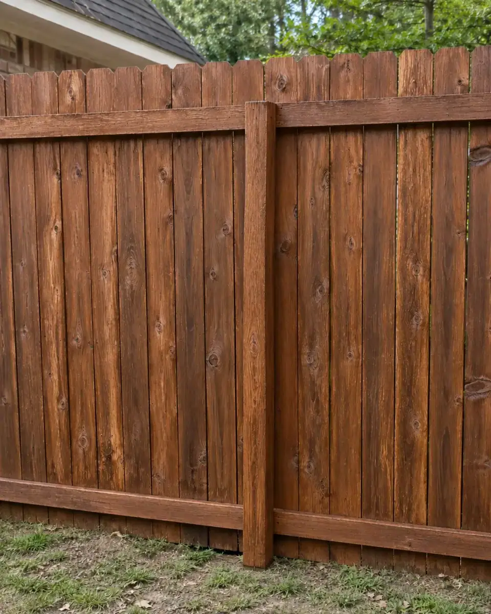 Finished wood privacy fence along a residential yard