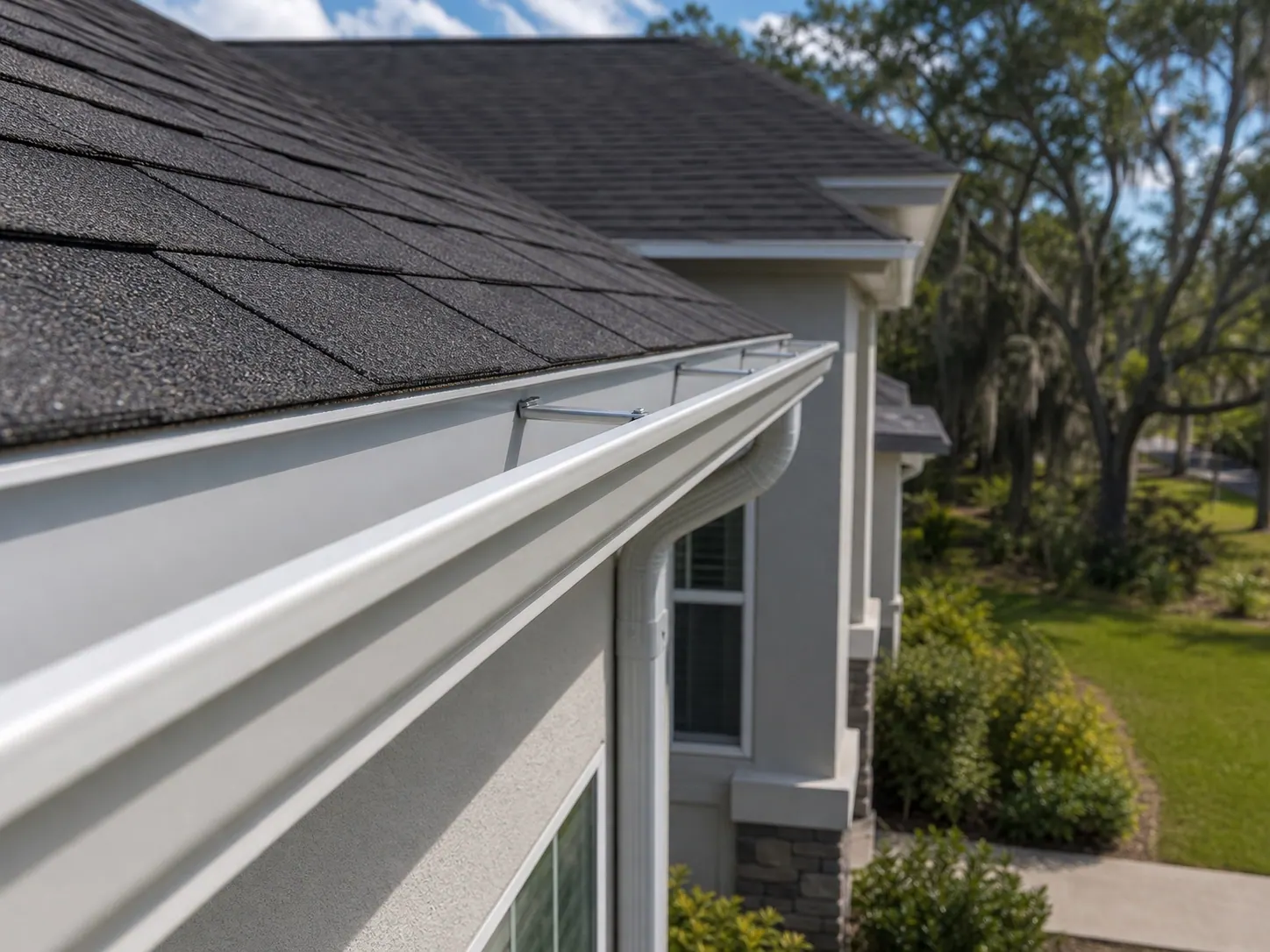 Finished white gutter installed along a Dallas-area roofline