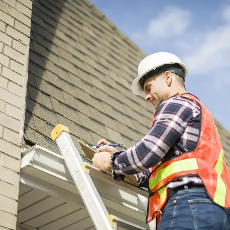 Roof inspector documenting conditions along a residential roof edge