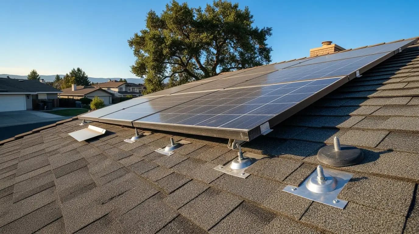 Close view of solar panel mounts and flashing on a shingle roof
