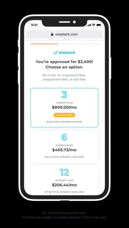 Example Wisetack financing offers displayed on a phone