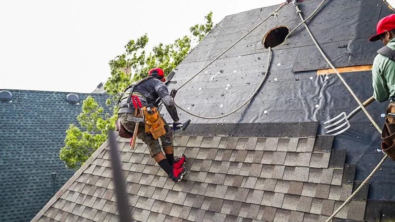 Roofing crew installing architectural shingles on a steep residential roof