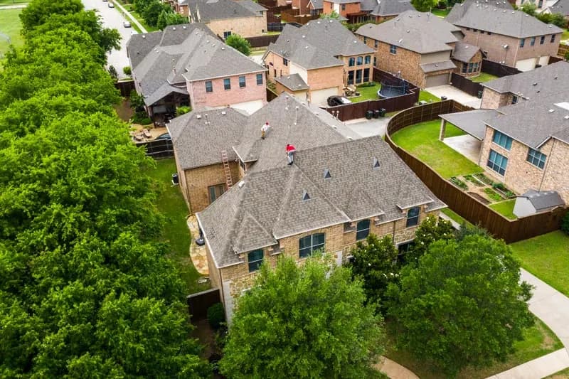 Aerial view of a completed North Texas residential roof