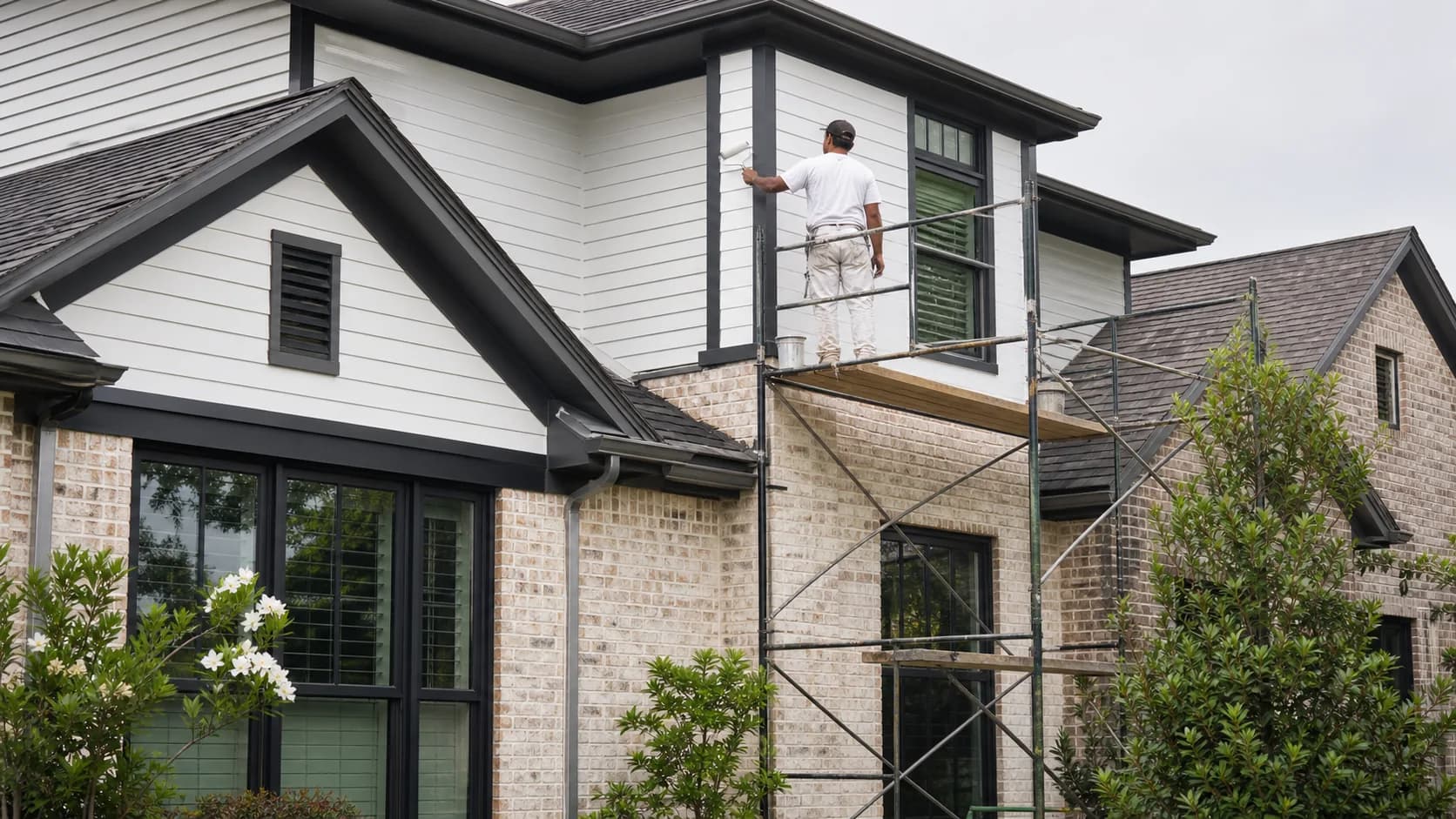 Professional painter applying a crisp exterior finish to a North Texas home