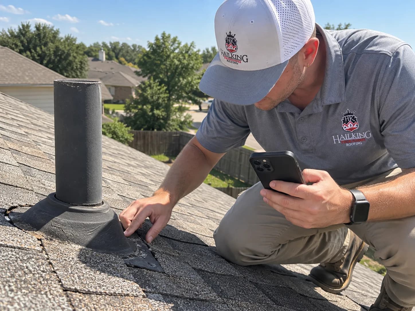 Checking the flashing beside a roof pipe while holding a phone