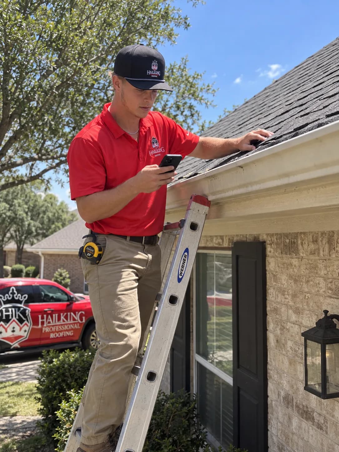 Examining shingles at the roof edge with a phone in hand