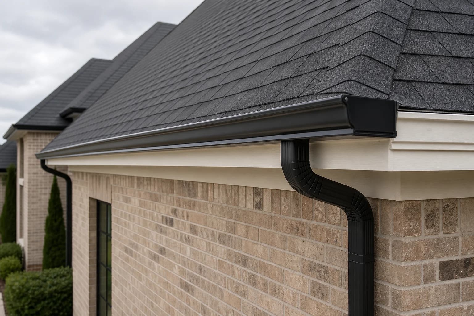 Seamless black gutter and downspout installed along a charcoal shingle roof