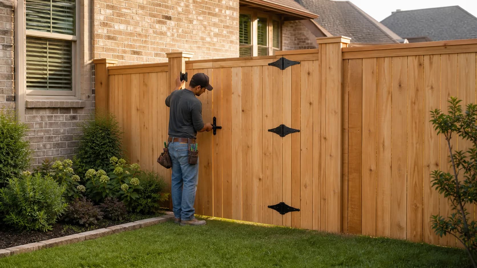 Tall cedar privacy fence and matching gate installed beside a North Texas home