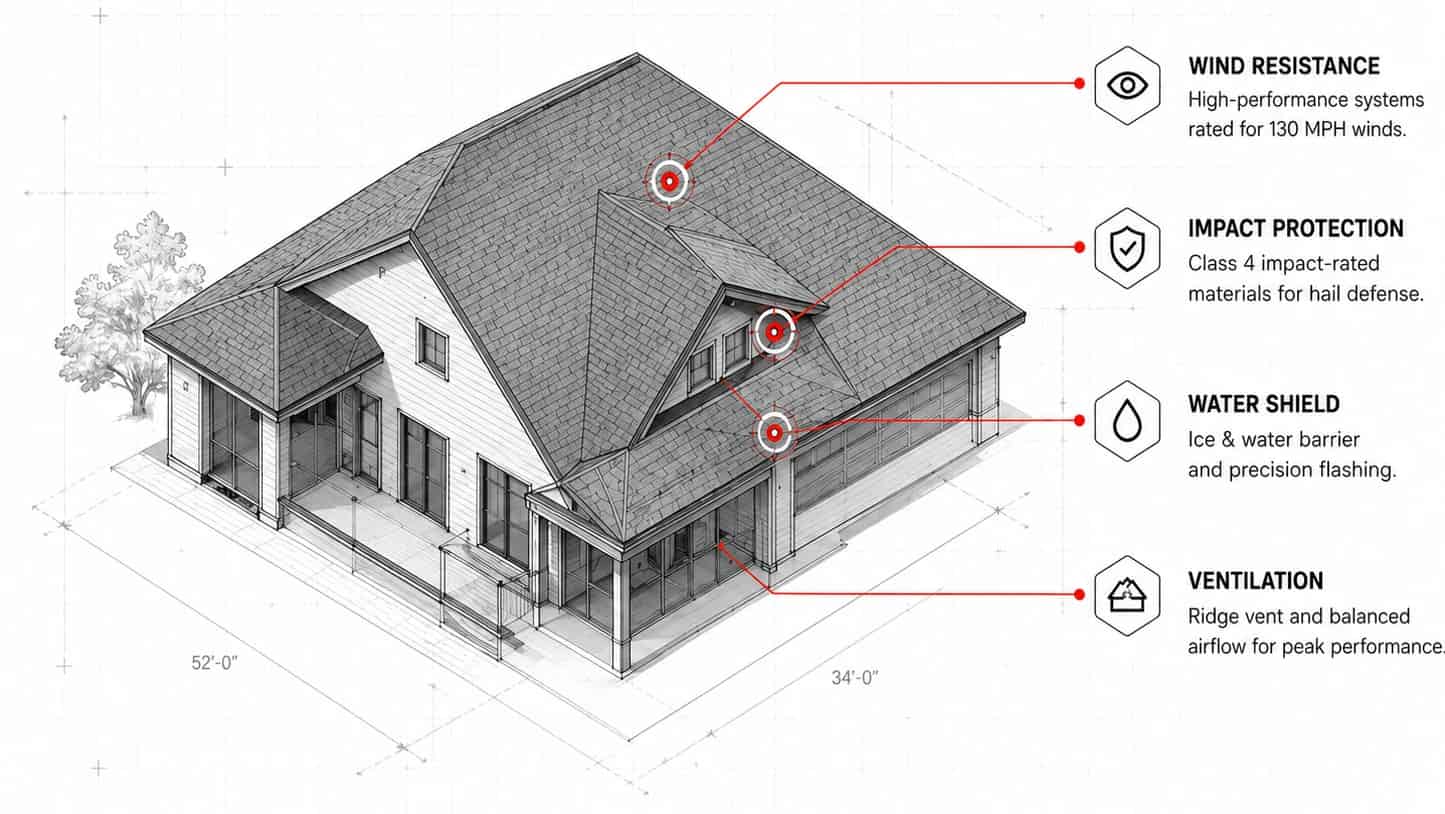 Architectural roof system diagram highlighting wind resistance, impact protection, water shielding, and ventilation