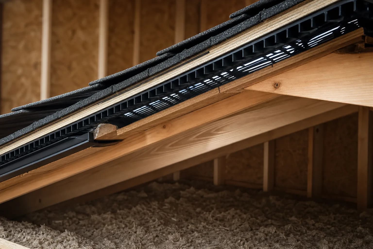 Residential attic ridge ventilation assembly with timber rafters