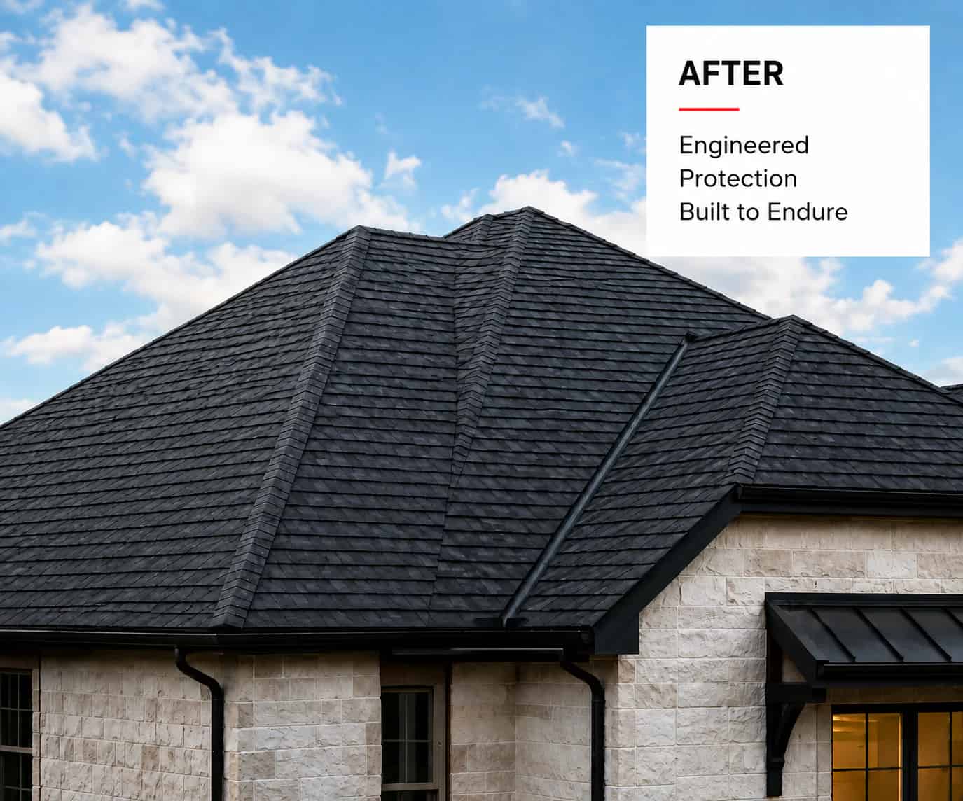Restored residential roof beneath a clear blue sky