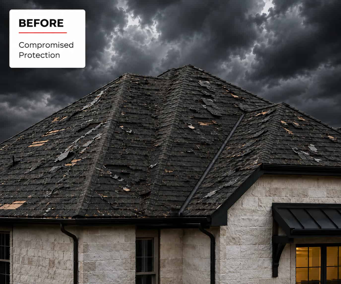 Storm-damaged residential roof beneath dark clouds
