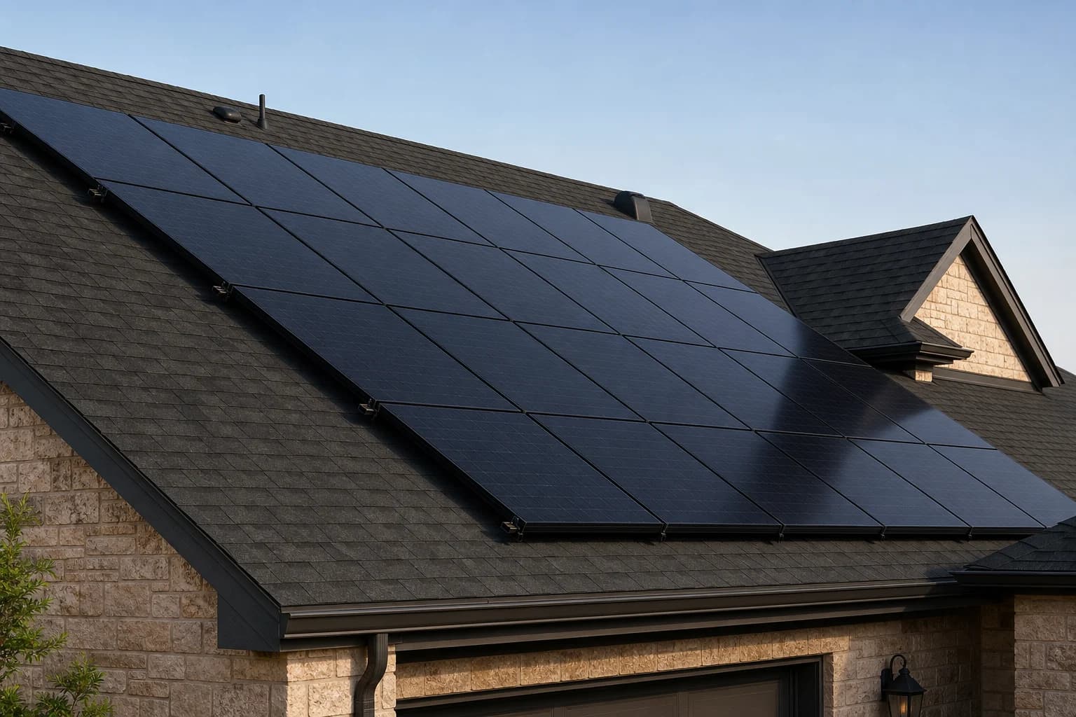 Low-profile black solar panel array installed on a charcoal shingle residential roof