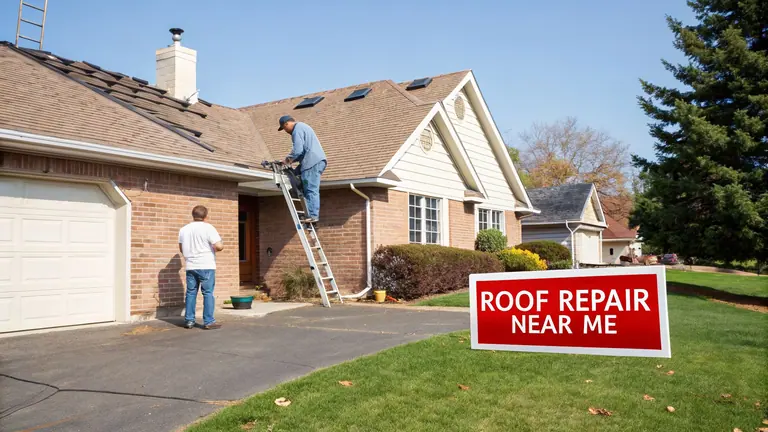 Two men are repairing a house roof and gutters, with one on a ladder and a 'Roof Repair Near Me' sign in the yard.