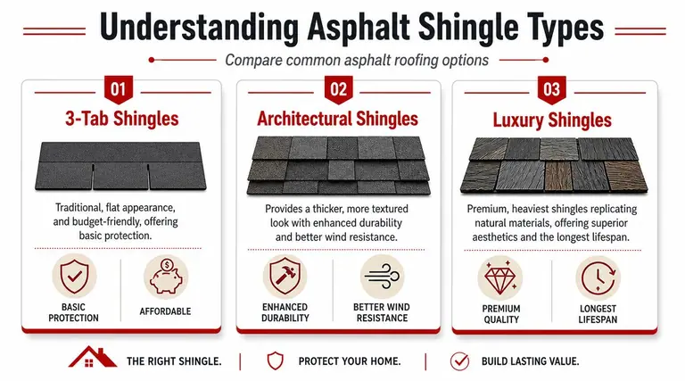 A comparison chart highlighting the three main types of asphalt roof shingles for residential homes.