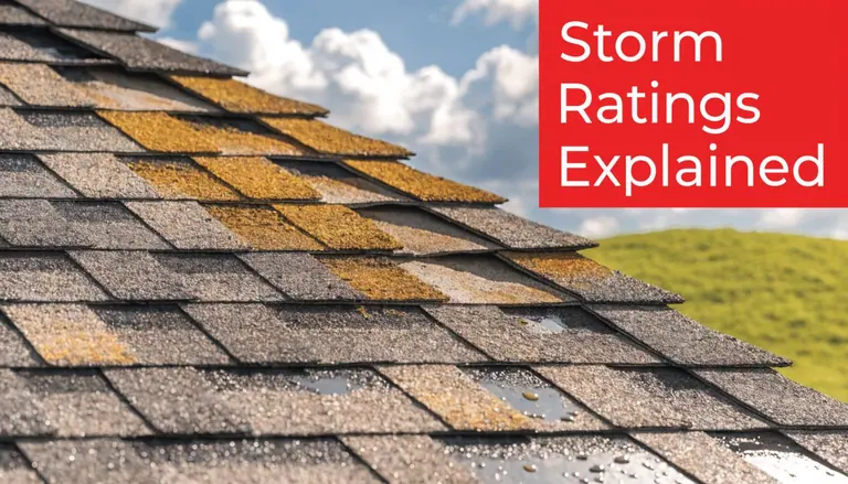 A close-up view of weathered asphalt roof shingles on a residential home with a stormy sky.