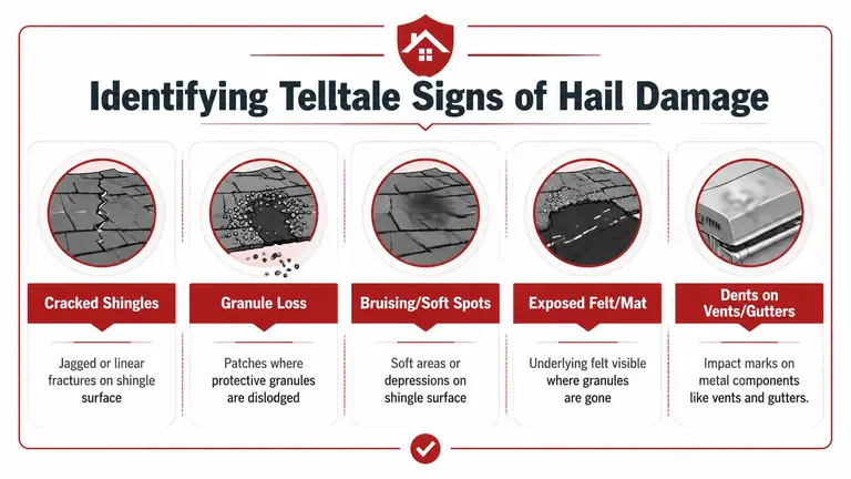 An infographic illustrating the five common signs of hail damage on asphalt roof shingles and metal components.