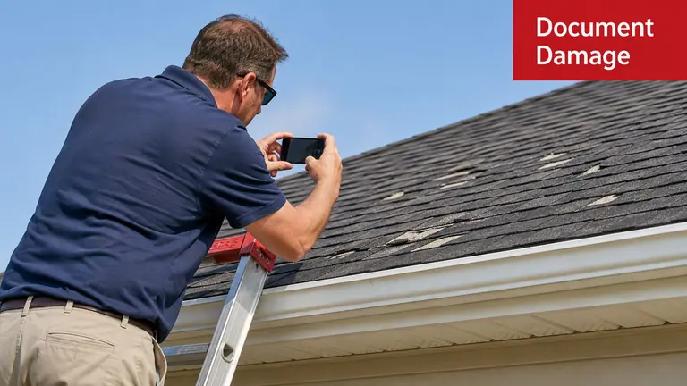 A professional inspector stands on a ladder taking a photograph of damaged asphalt roof shingles.