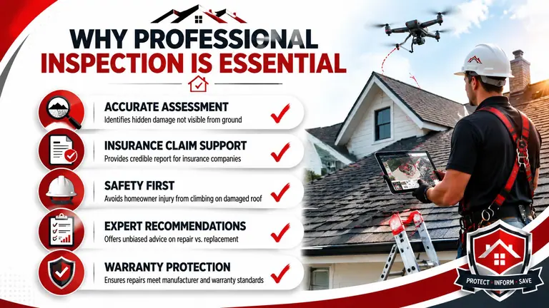 A professional inspector using a drone to examine asphalt shingle hail damage on a residential roof.