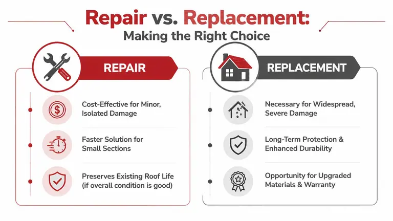 An infographic comparing roof repair and roof replacement options for homeowners facing roofing damage decisions.