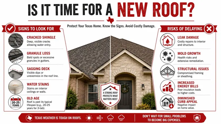 An infographic detailing signs of roof damage and the risks of delaying asphalt shingle replacement in Texas.