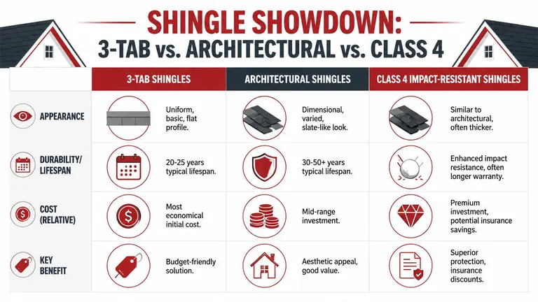A comparison chart showing features of 3-tab, architectural, and Class 4 impact-resistant roofing shingles for homeowners.