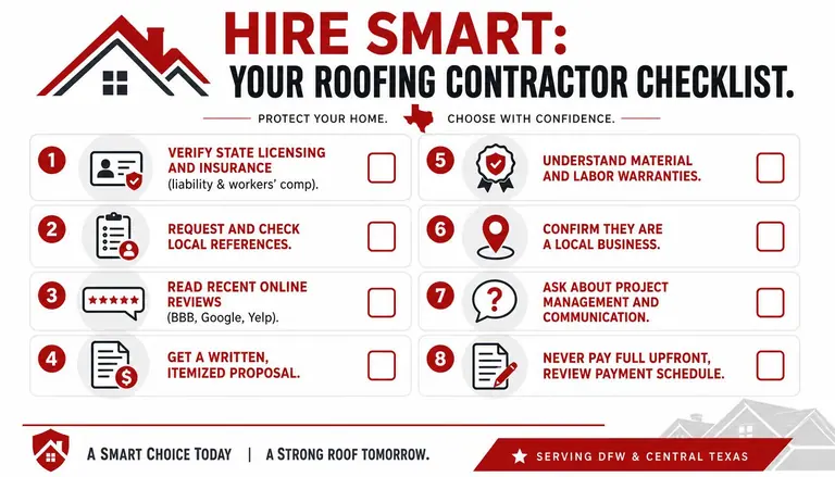 A professional infographic checklist for homeowners to follow when hiring a reliable roofing contractor for services.