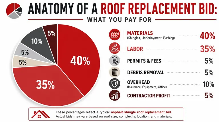 A pie chart showing the percentage breakdown of costs for a typical asphalt shingle roof replacement bid.