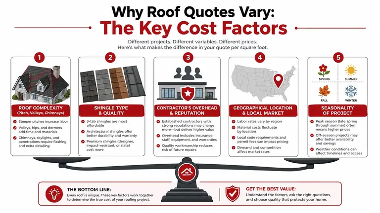 An infographic showing five key factors that influence the cost per square foot for roof replacement projects.