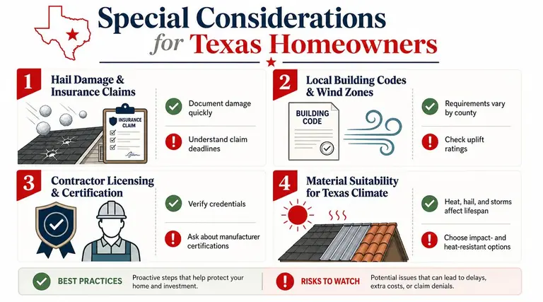 An infographic outlining four essential considerations for Texas homeowners regarding roof insurance, building codes, and contractor selection.