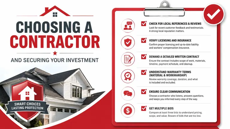 An infographic titled Choosing a Contractor, detailing six essential steps for homeowners to safely hire professional contractors.