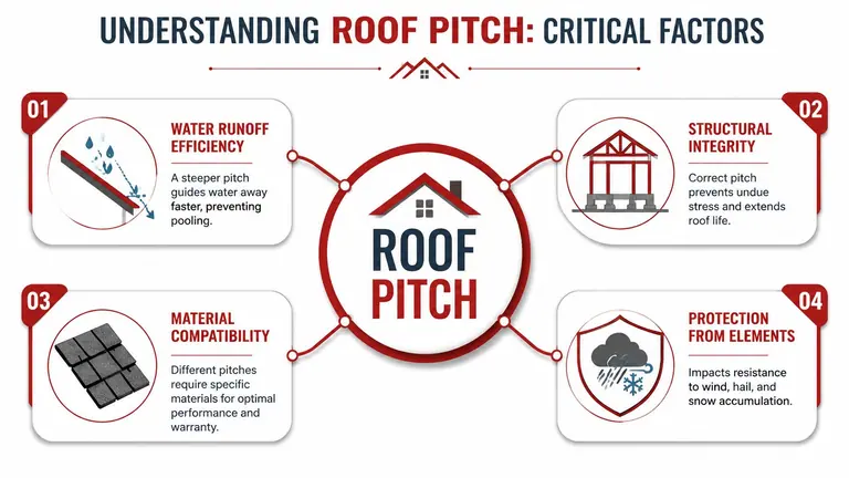 An infographic titled Understanding Roof Pitch showing four critical factors for choosing the correct roof slope.