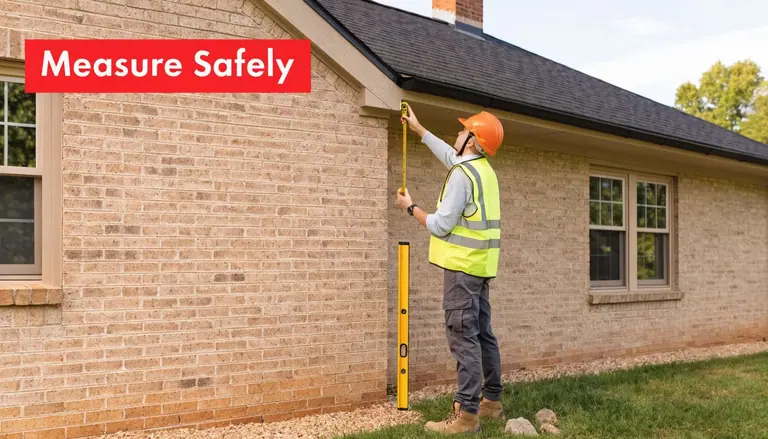 A construction worker in a hard hat and safety vest measuring the side of a brick building.
