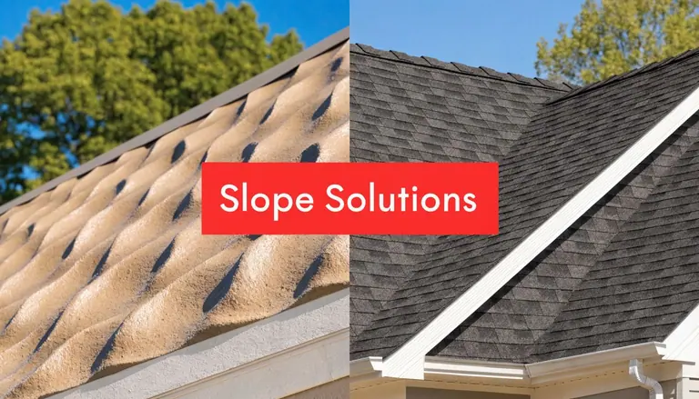 A split image showing a textured tan roof next to a standard asphalt shingle roof.