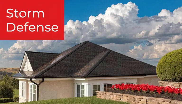 A house with an asphalt shingle roof pitch against a cloudy sky, with red flowers in front.