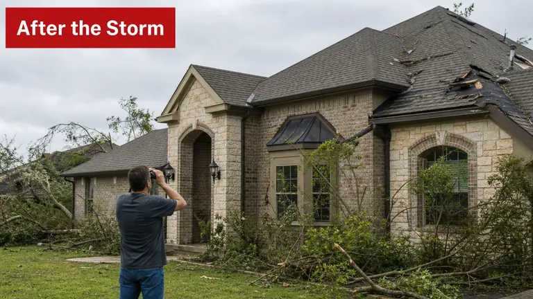 A man using binoculars to inspect storm damage on the asphalt shingle roof of a brick house.
