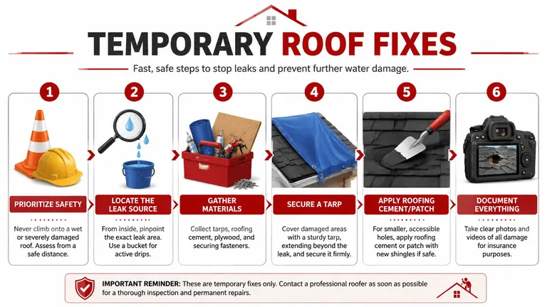 An infographic showing six steps for temporary asphalt shingle roof repair, including safety, inspection, and damage documentation.