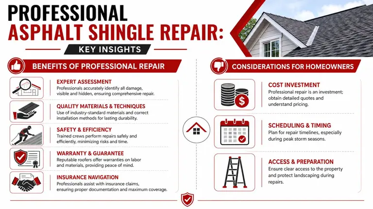 An infographic titled Professional Asphalt Shingle Repair listing key benefits and important considerations for homeowners.
