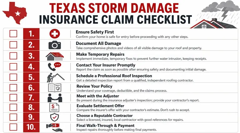 A ten-step checklist for filing Texas storm damage insurance claims for residential roof repairs.