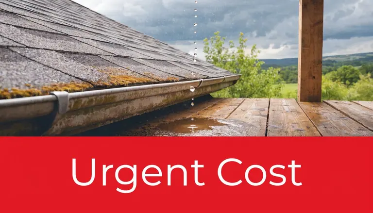 An asphalt shingle roof leaking rainwater onto a wooden deck with a red banner overlay.