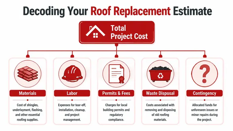 An infographic showing the five main cost components of an asphalt shingle roof replacement estimate project.