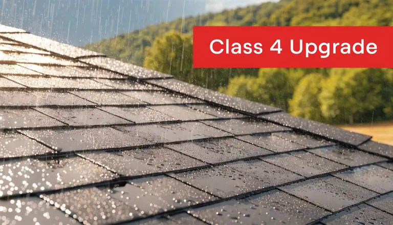 A close-up view of a dark asphalt shingle roof during a rain shower, highlighting the durable texture.