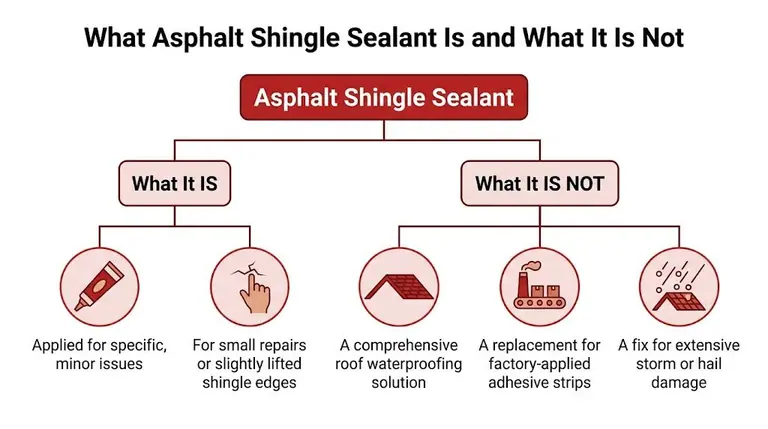 A diagram comparing the intended use and limitations of asphalt shingle sealant for roofing repairs.