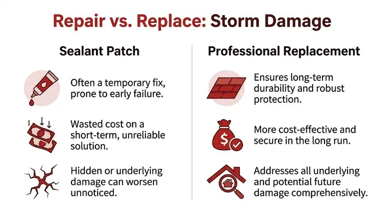 A comparison infographic showing the long-term benefits of professional roof replacement versus temporary sealant patch repairs.